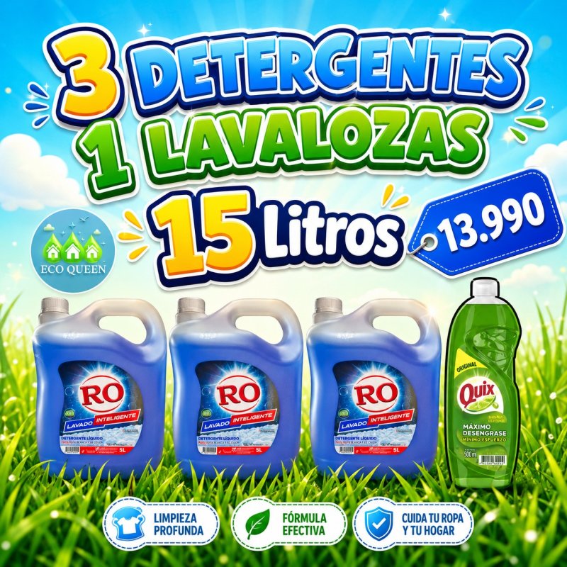 Detergente RO Mega Pack: 3 Bidones de 5 Litros (Lavado Inteligente) + Lava Lozas Quix 500 ml