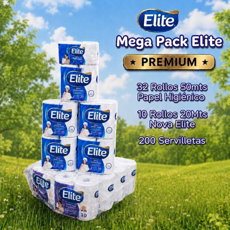 Mega Pack Elite Premium: 32 rollos Papel Higiénico Elite 50m doble hoja , 10 rollos Toalla Nova Deco triple hoja diseño y 200 Servilletas Elite