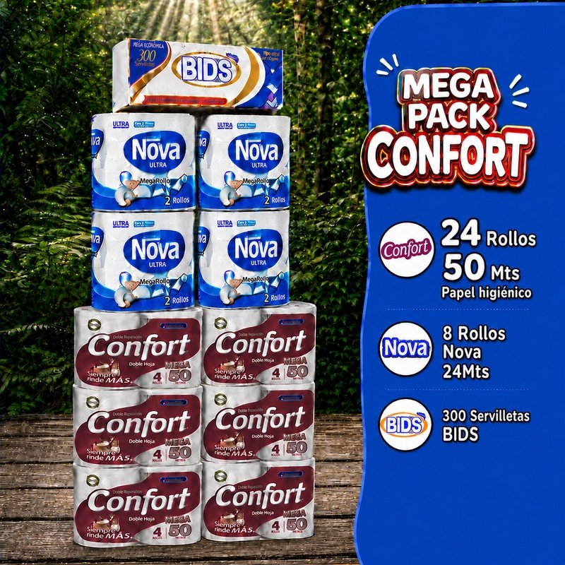 Mega Pack Confort: 24 rollos papel higiénico confort 50M doble hoja, 8 rollos nova megarrollo 24M doble hoja y 300 Servilletas Bids
