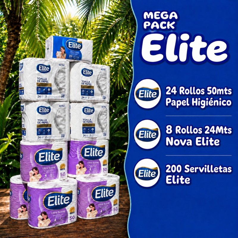 Mega Pack Elite: 24 rollos Papel Higiénico Elite 50m Doble Hoja +  8 Toalla Nova Elite 24M doble hoja + 200 Servilletas elite