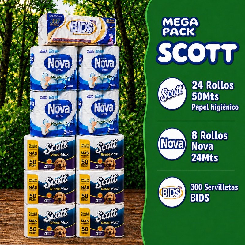 Mega Pack Scott: 24 rollos papel higiénico scott 50m doble hoja  + 8 rollos Toalla Nova Ultra  Megarrollo 24 M doble hoja  + 300 Servilletas Bids