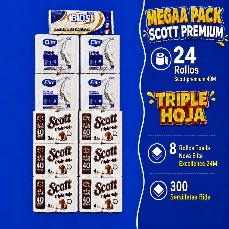 Mega Pack Scott Premium: 24 rollos papel higiénico Scott triple hoja 40M + 8 rollos nova Elite 24 M doble hoja + 300 servilletas Bids
