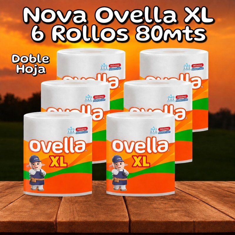 Toalla Nova Ovella XL 80m Manga 6 Rollos doble hoja— Ultra Rendimiento